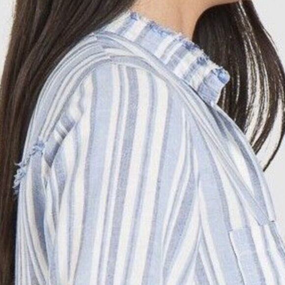 Cloth Stone Anthropologie Shirt Dress Blue Stripe Linen Blend Button Front Large - Picture 11 of 13